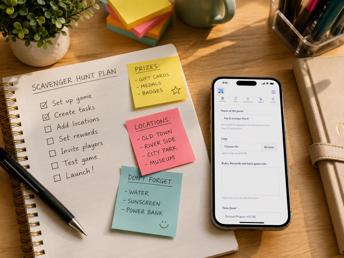 Organizer's desk with task list, sticky notes, and a phone showing a scavenger hunt setup