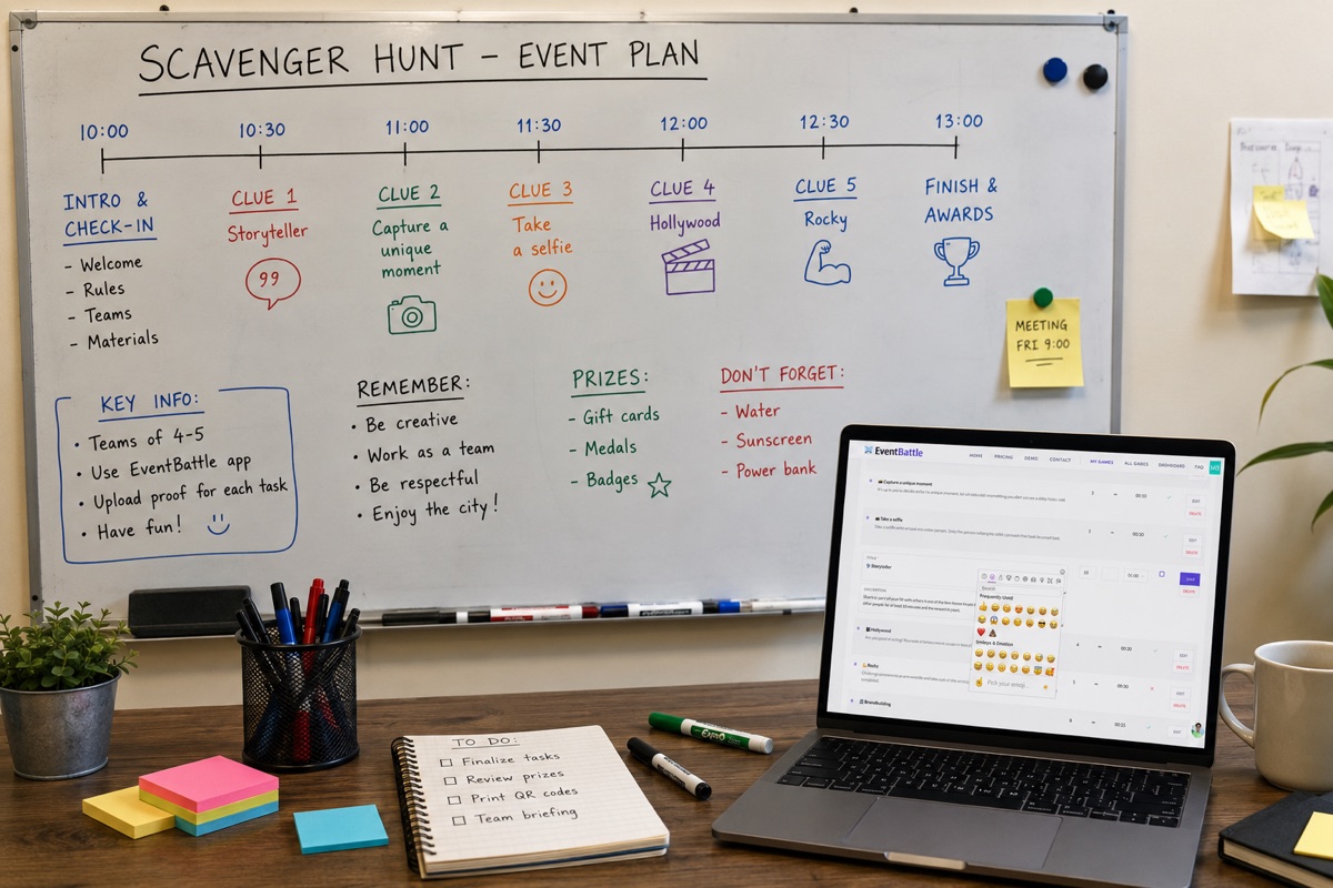 Whiteboard timeline for planning a scavenger hunt event