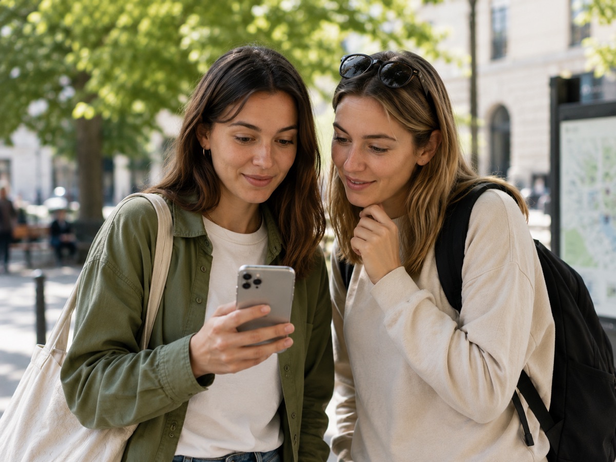 Two friends reacting to a just-taken scavenger hunt photo