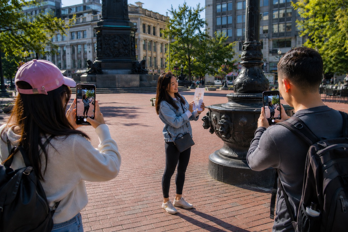 Friends photographing different items at a city plaza during a scavenger hunt