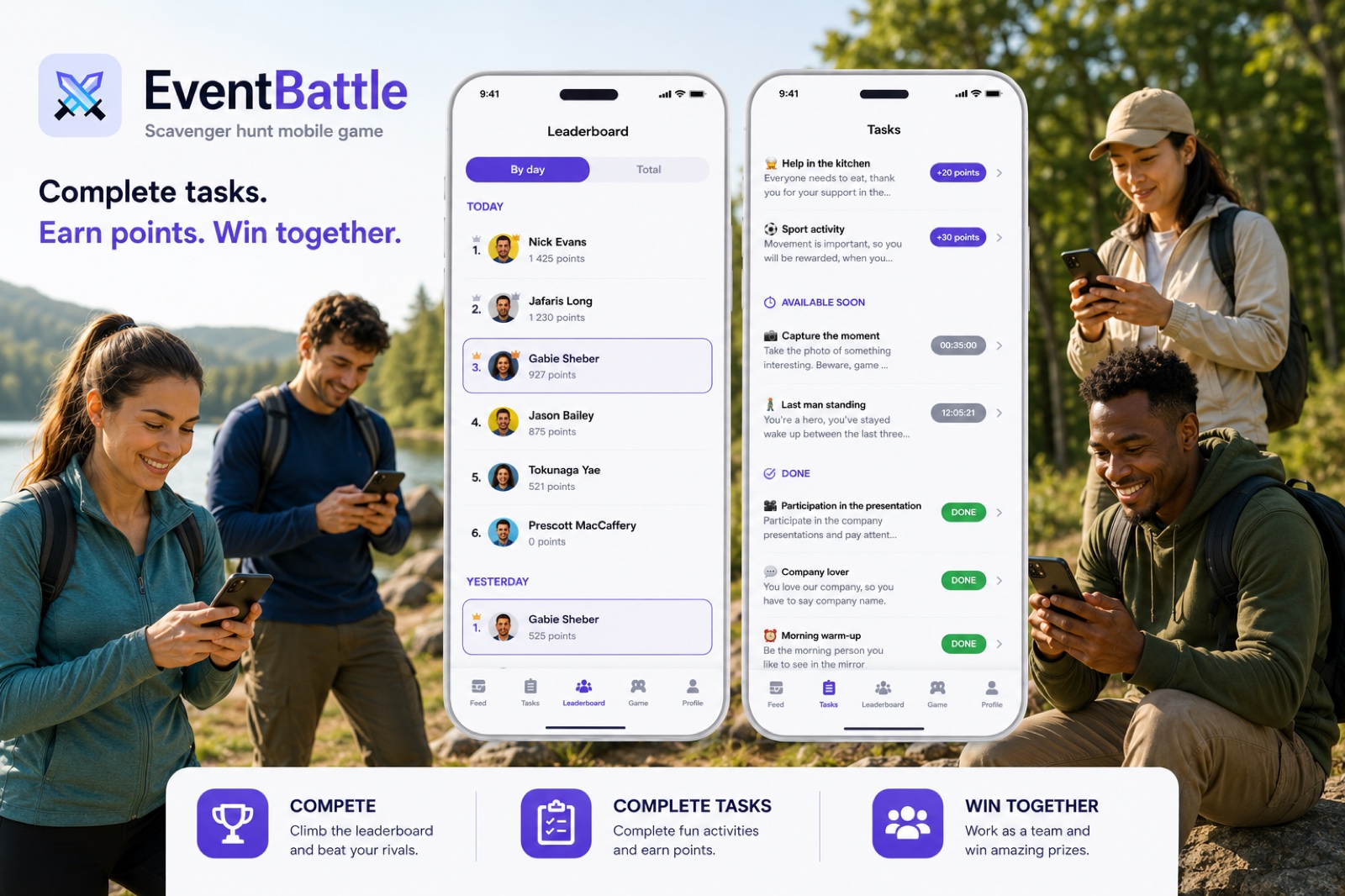 EventBattle scavenger hunt mobile game with leaderboard and tasks screens, players celebrating outdoors